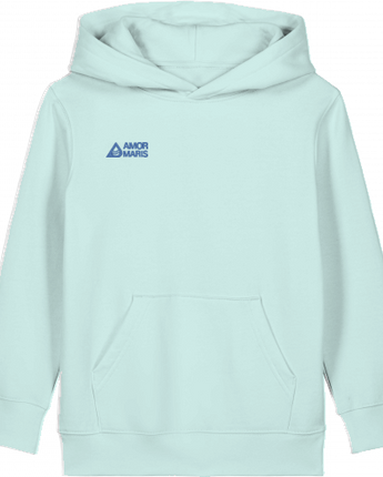 Kids Bio-Hoodie made from 100% organic cotton, light blue with front pocket and hood, featuring eco-friendly certifications.