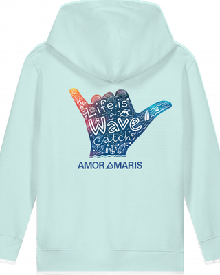 Kids Bio-Hoodie Hang Loose in mint with colorful wave catch design, 100% organic cotton, eco-friendly and comfy wear for children.