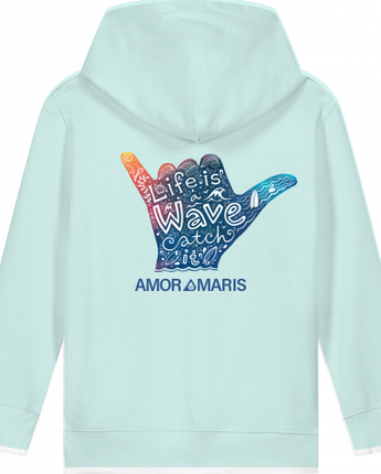 Kids Bio-Hoodie Hang Loose in mint with colorful wave catch design, 100% organic cotton, eco-friendly and comfy wear for children.